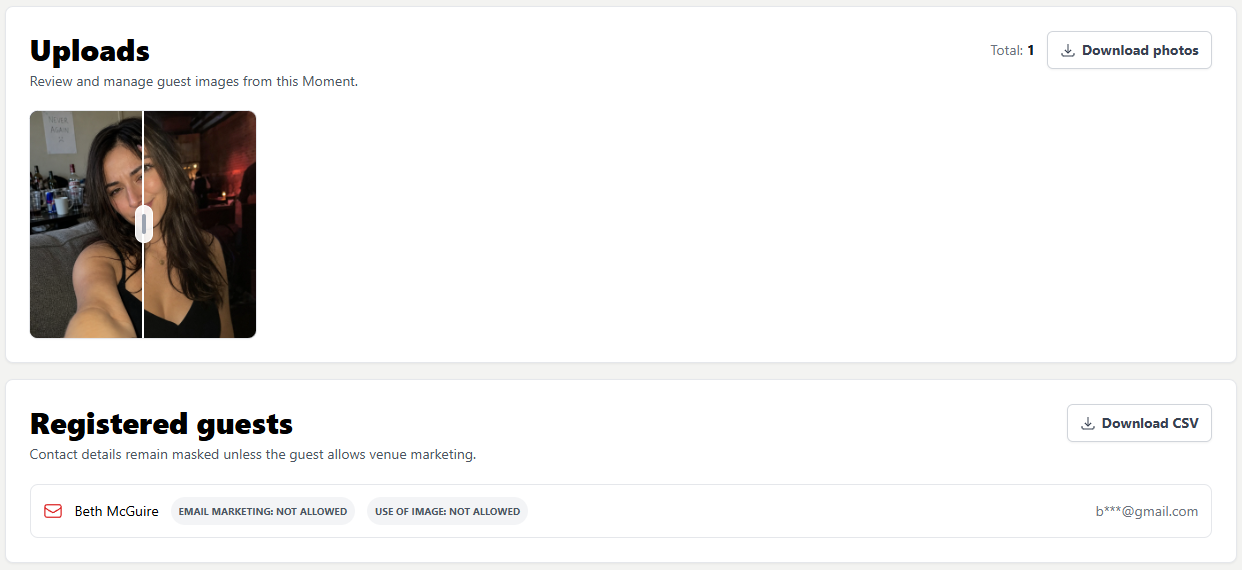 Moment uploads and registered guest consent